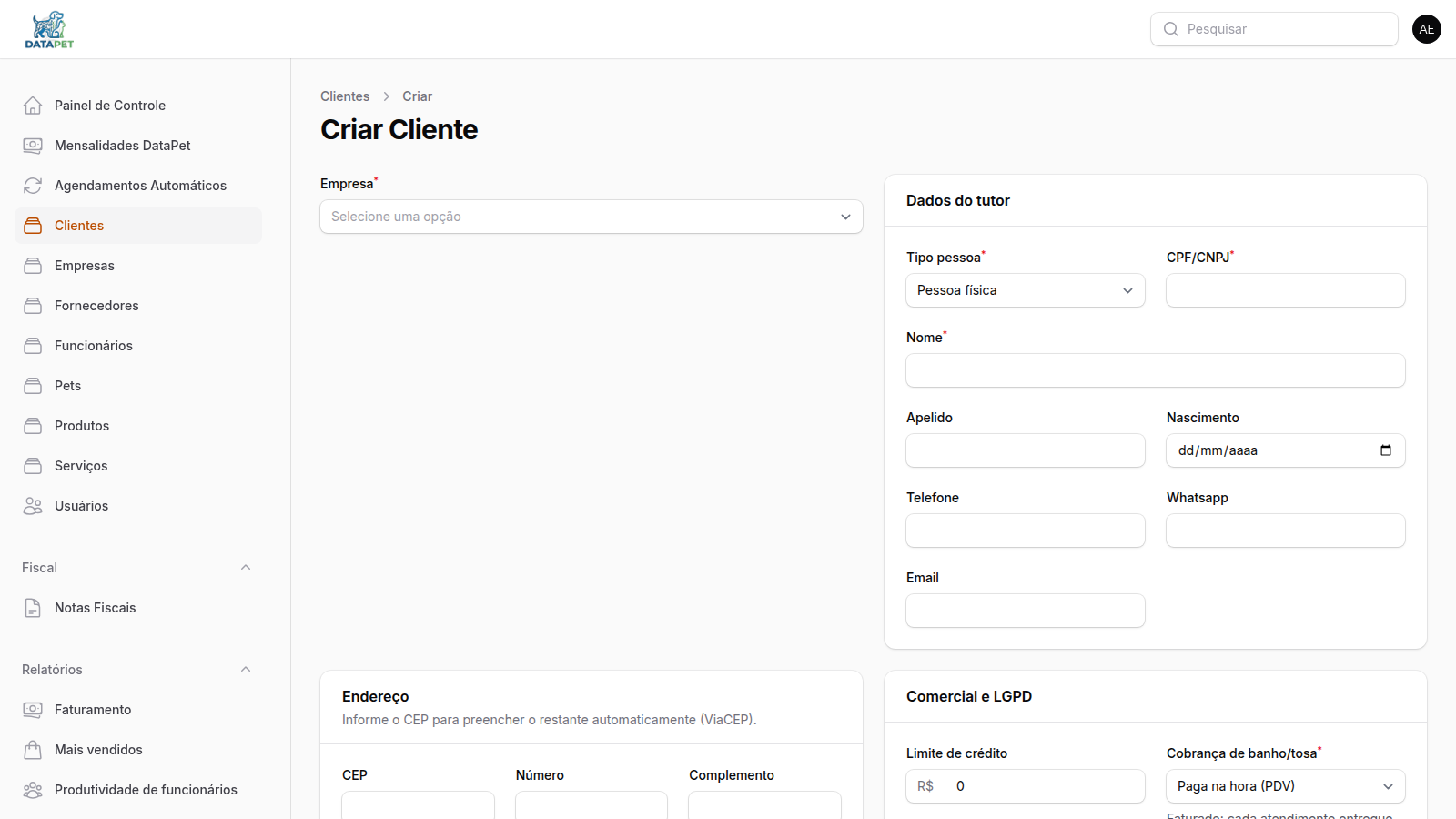 Tutorial: cadastro de clientes (tutores)