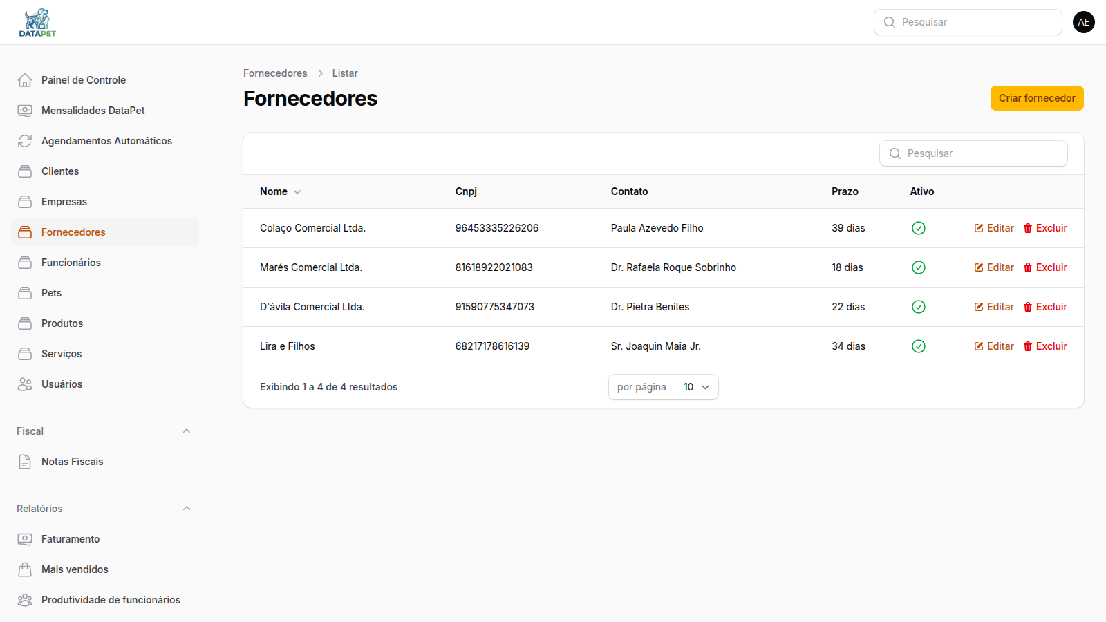 Tutorial: cadastro de fornecedores