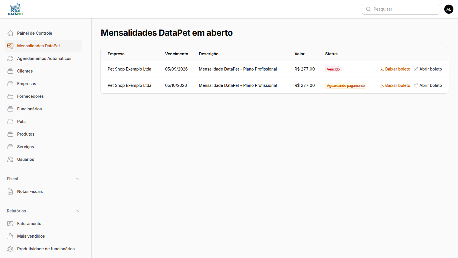 Tutorial: mensalidades do DataPet